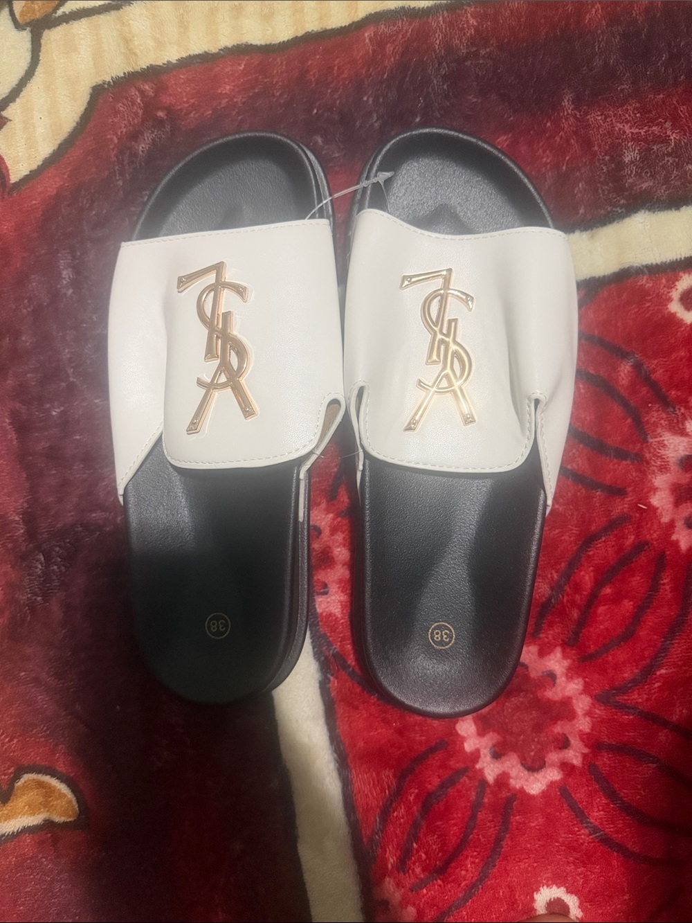 White Slide Sandals with Gold Logo Accent - Women